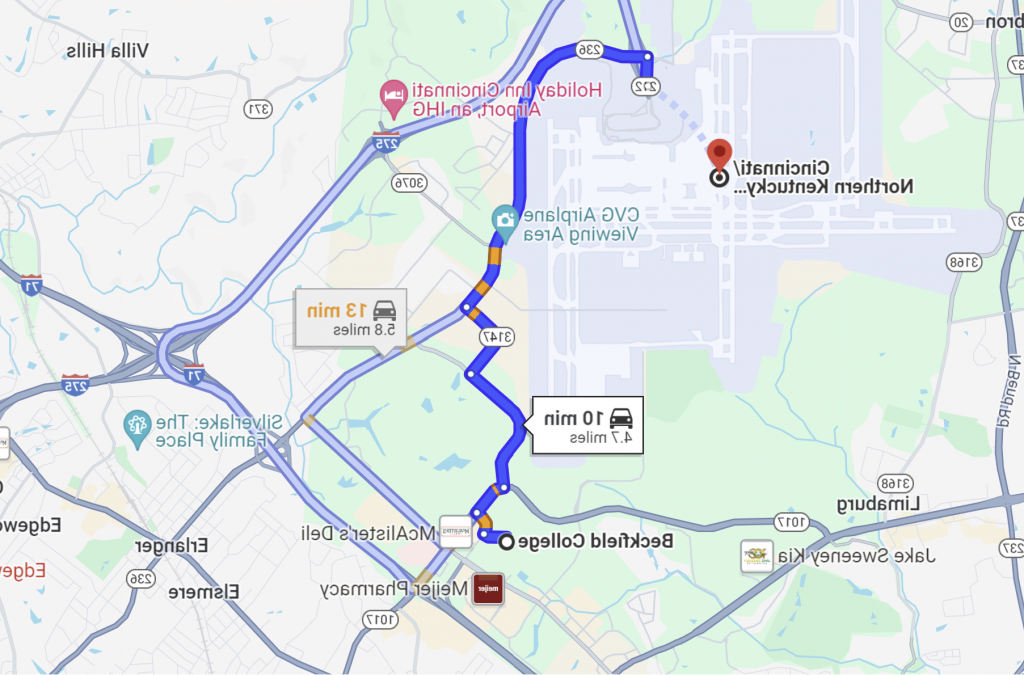 a screenshot from Google maps showing how far Beckfield college to CVG airport